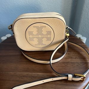 Perforated Tory Burch Cream Square Crossbody Bag